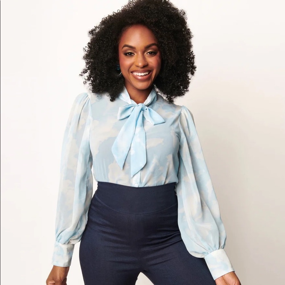 Cloud Print Long-sleeve Crepe Blouse | Unique Vintage | X-Large